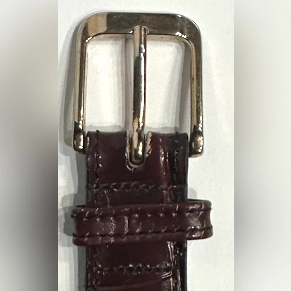 BILL BLASS DESIGNER CORDOVAN BROWN LEATHER BELT, CROCO-EMBOSSED, GOLD BUCKLE,